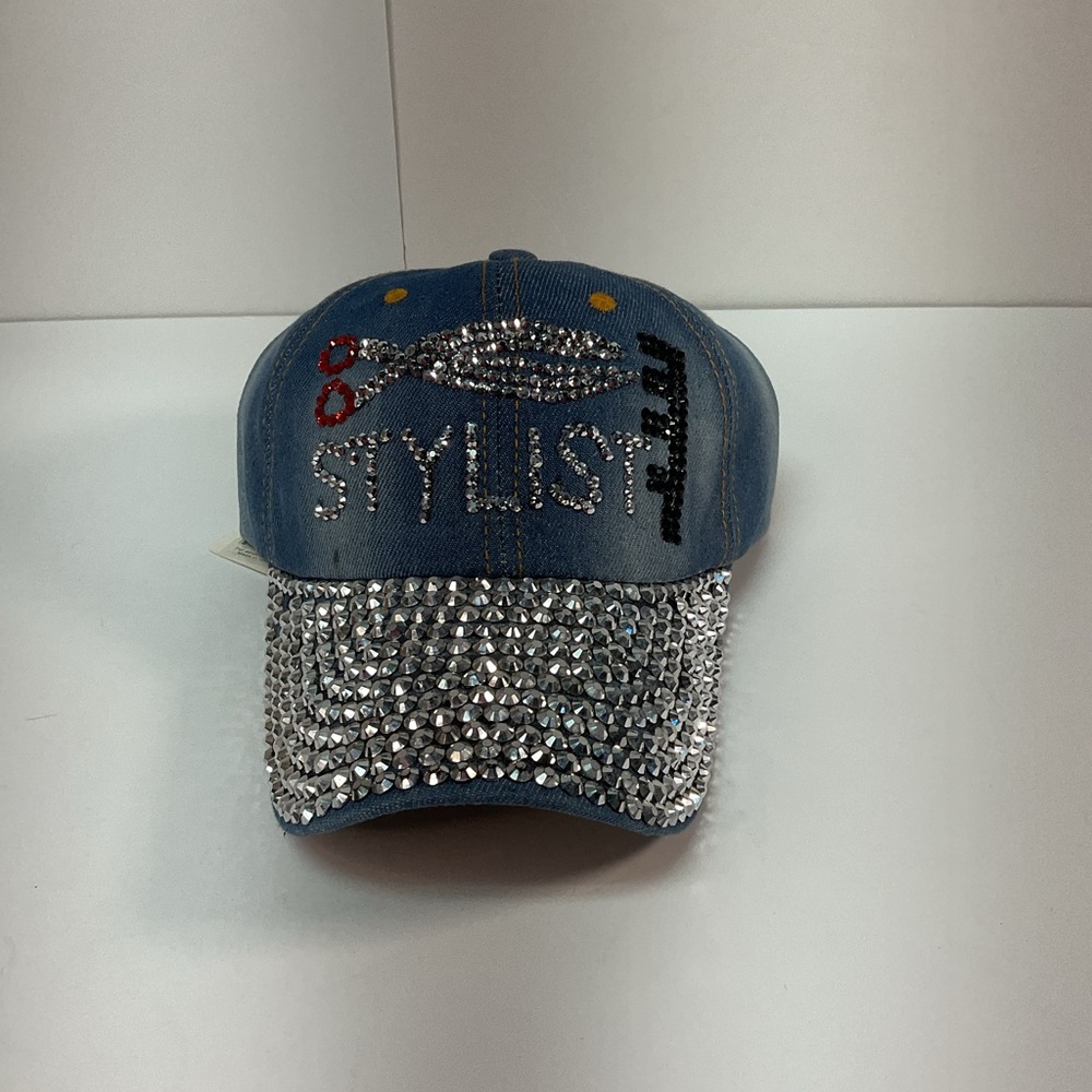 Embellished Denim Cap with Rhinestones